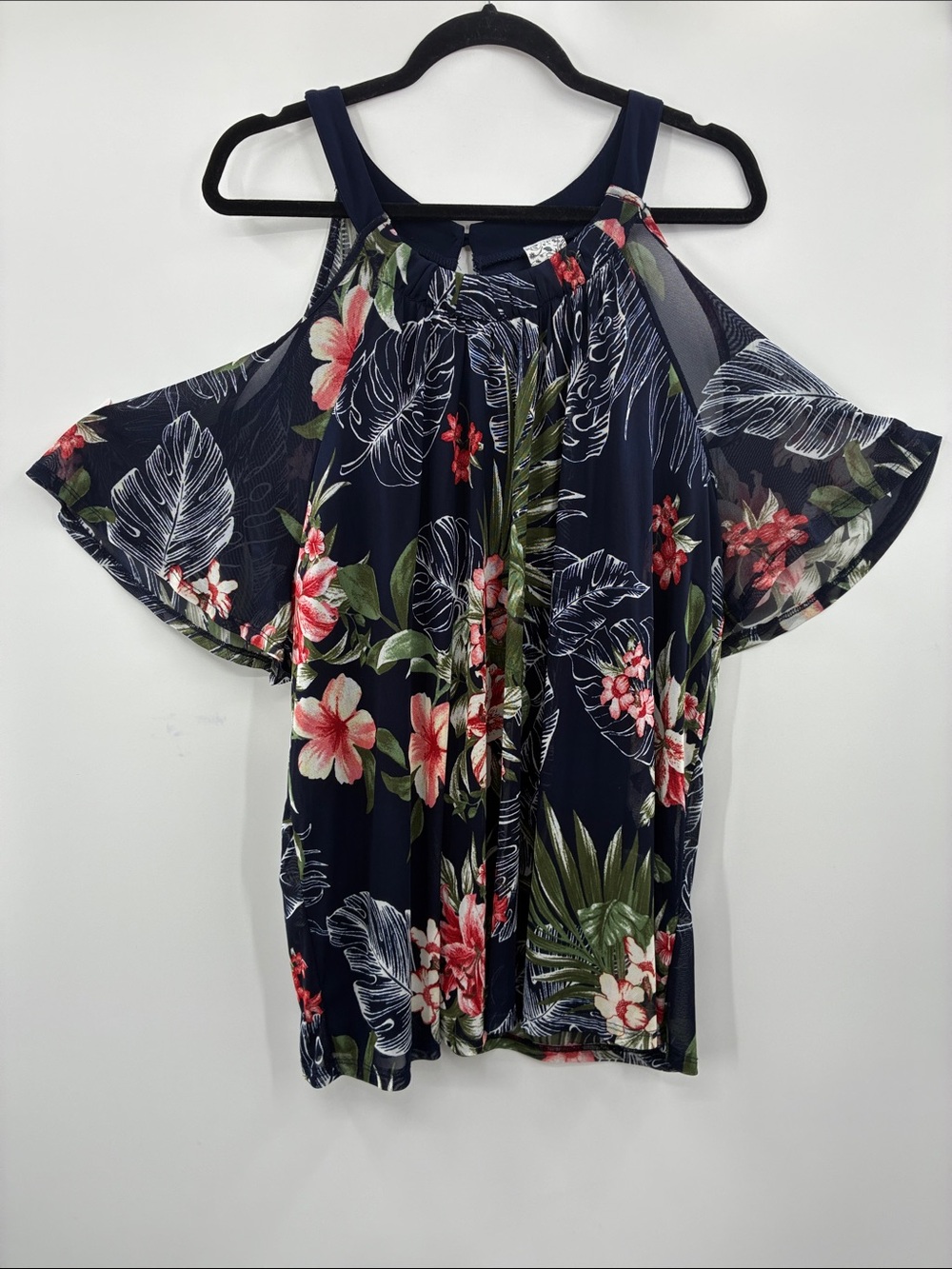 Naif Cold Shoulder Floral Print Women's Top - Navy size 3X